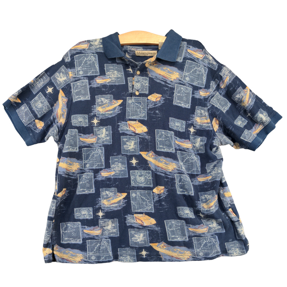 Munsingwear Men's Boat Print Polo Shirt Blue Large Compass Nautical 100% Cotton